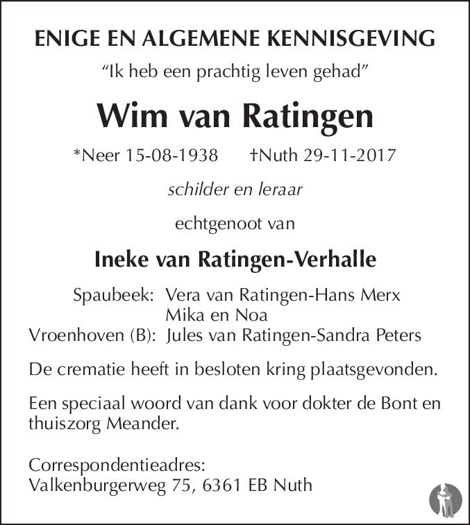 Wim van Ratingen 29-11-2017 overlijdensbericht en condoleances ...