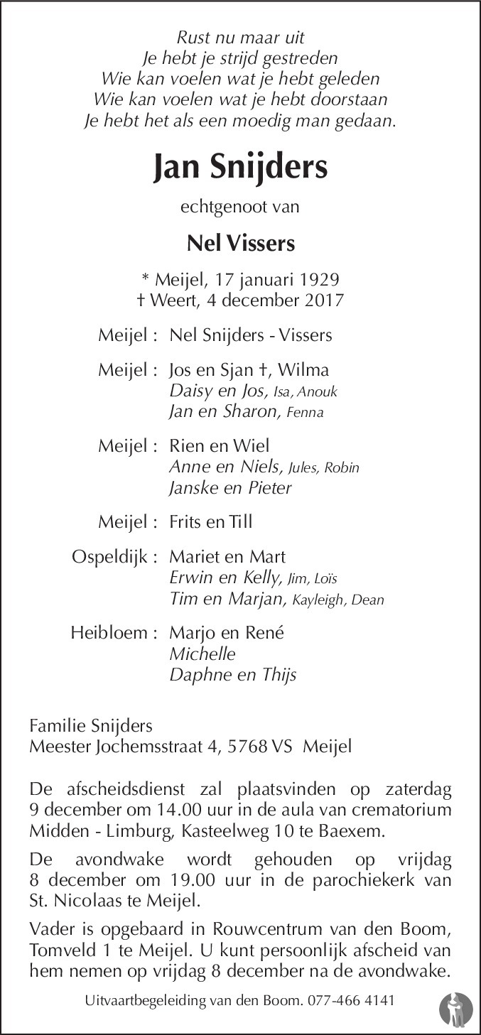 Jan Snijders 04122017 overlijdensbericht en condoleances Mensenlinq.nl