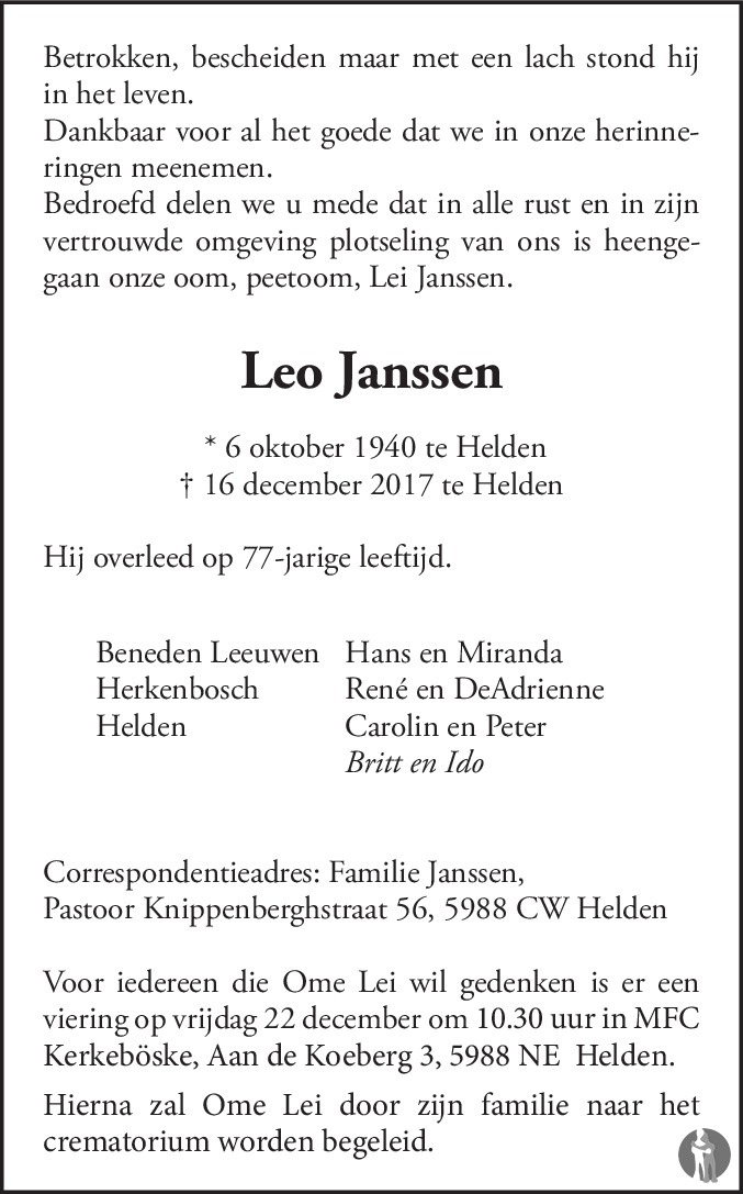 Leo Janssen 16-12-2017 overlijdensbericht en condoleances - Mensenlinq.nl