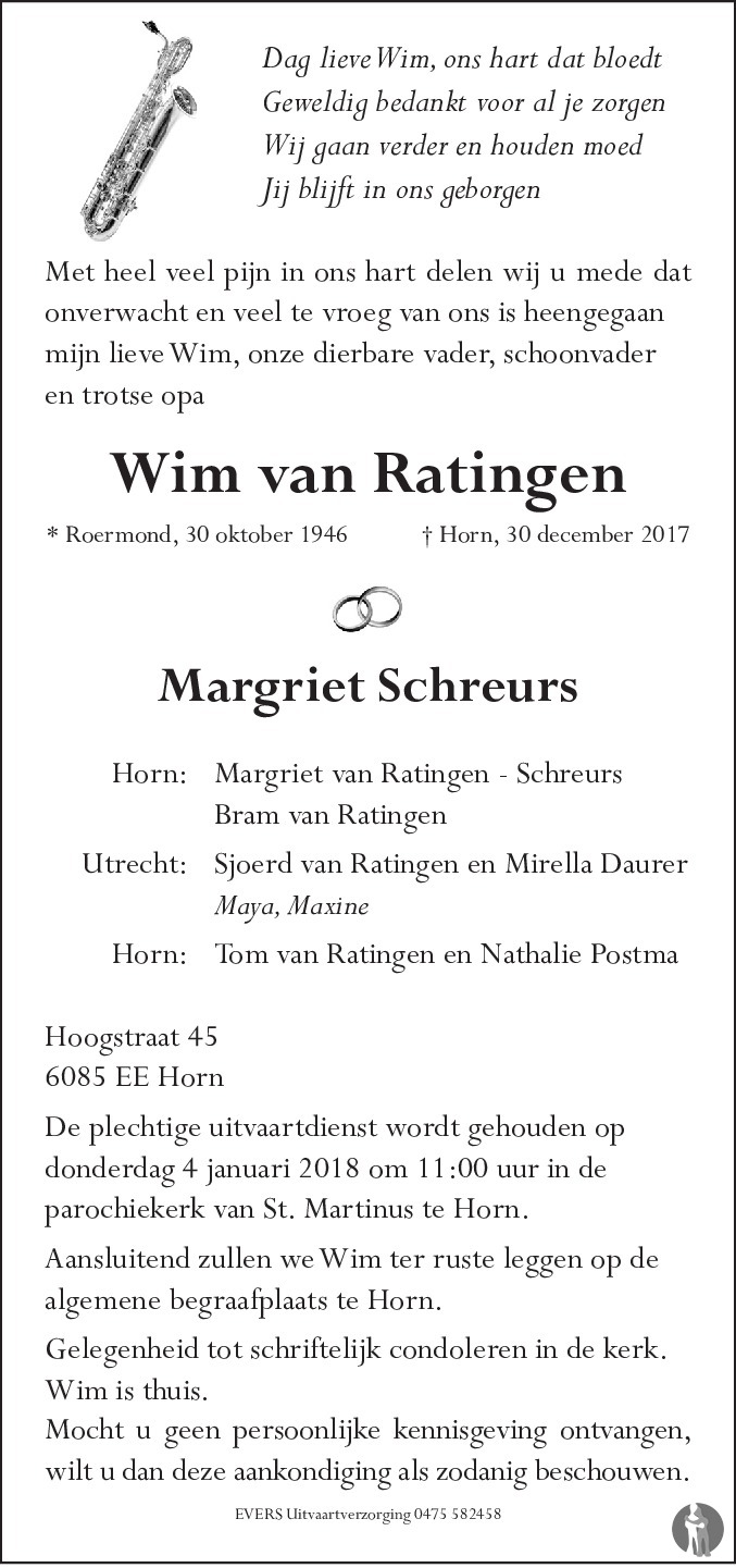 Wim van Ratingen 30-12-2017 overlijdensbericht en condoleances ...