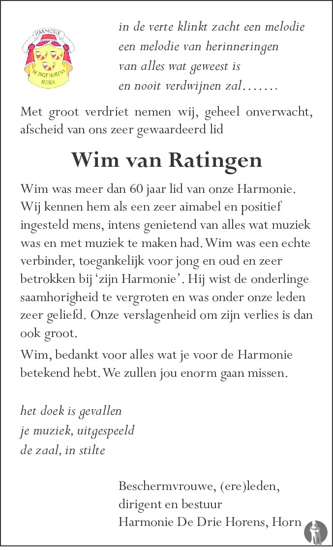 Wim van Ratingen 30-12-2017 overlijdensbericht en condoleances ...