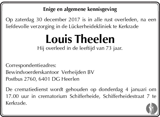 Louis Theelen 30122017 overlijdensbericht en condoleances Mensenlinq.nl