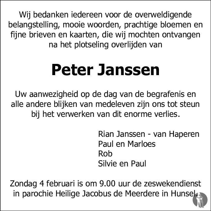 Peter Janssen 22-12-2017 overlijdensbericht en condoleances - Mensenlinq.nl