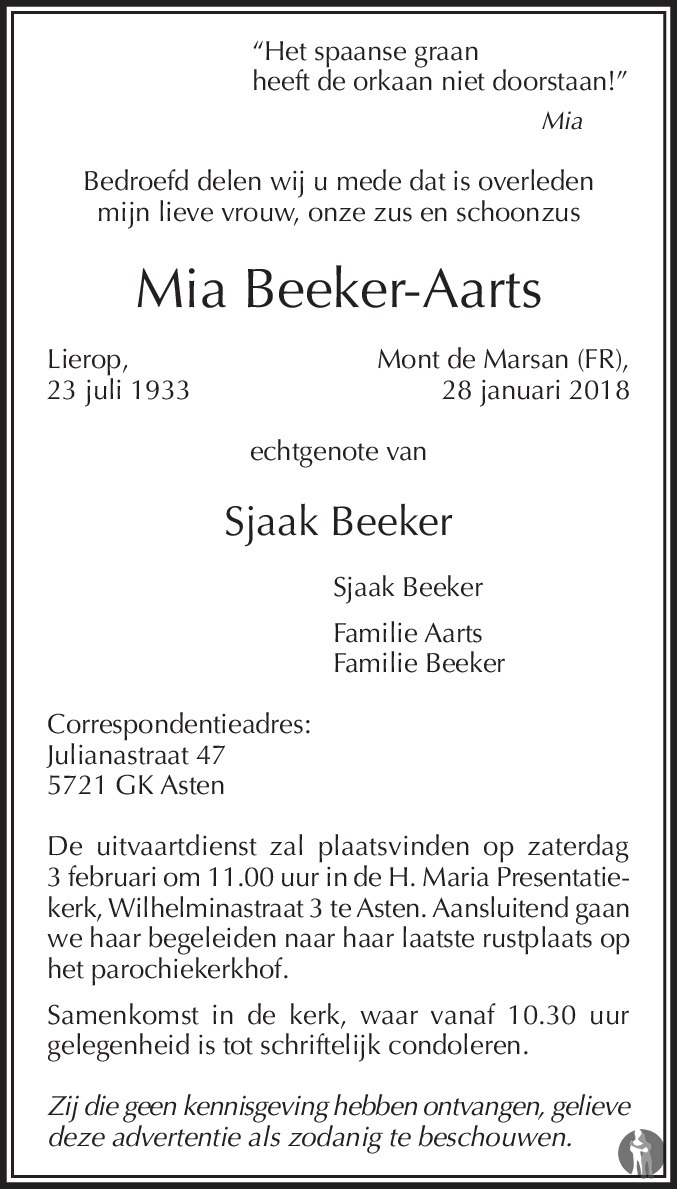 Overlijdensbericht van Mia Beeker - Aarts in De Limburger