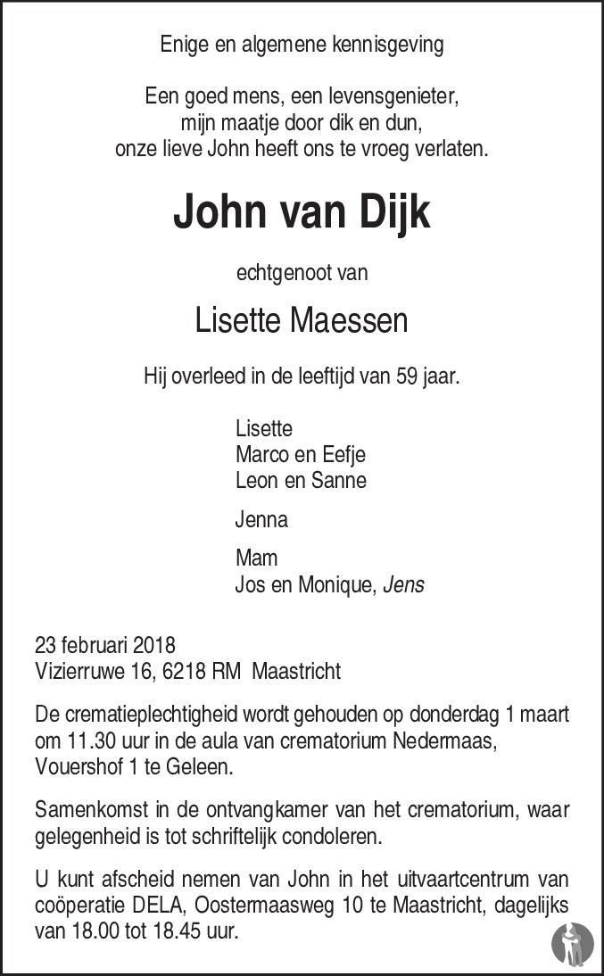 John van Dijk 23022018 overlijdensbericht en condoleances Mensenlinq.nl