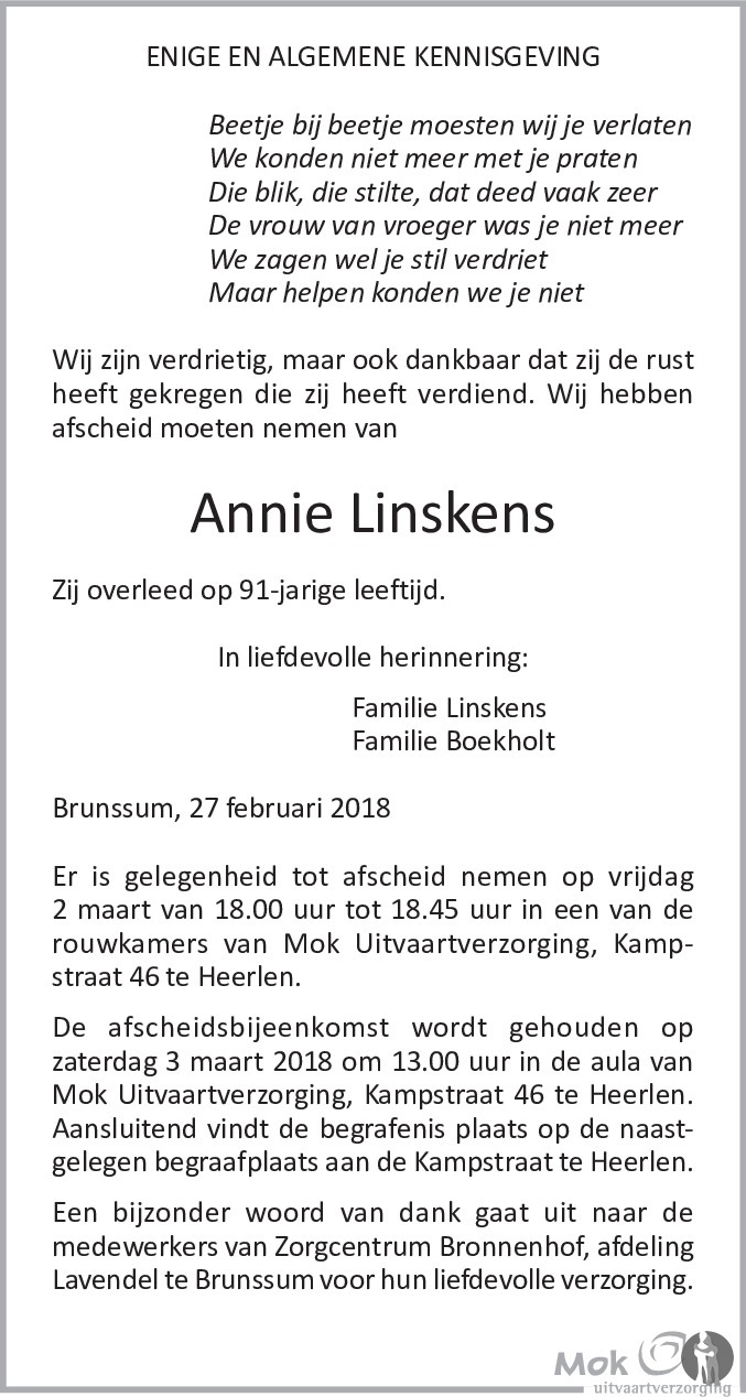 Annie Linskens 27-02-2018 overlijdensbericht en condoleances ...