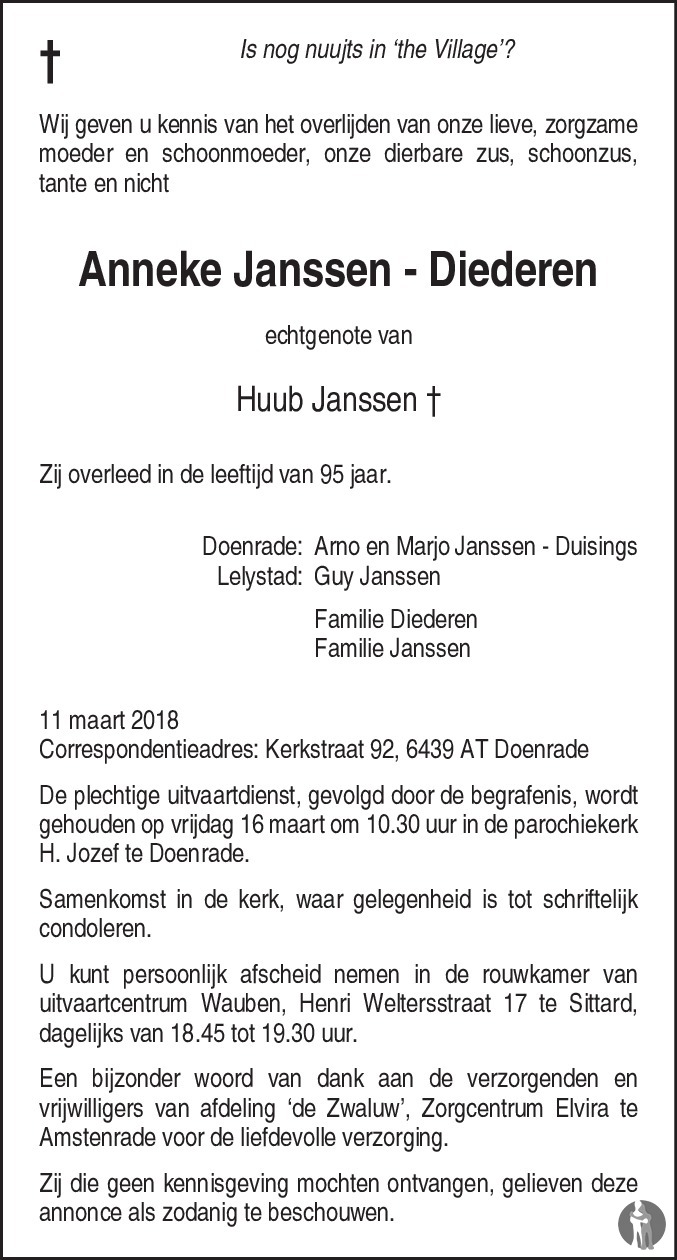 Anneke Janssen - Diederen 11-03-2018 overlijdensbericht en condoleances ...