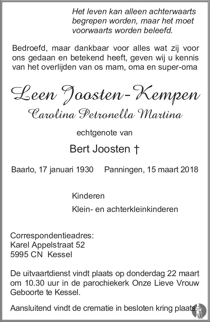 Carolina Petronella Maertina (Leen) Joosten Kempen 15032018