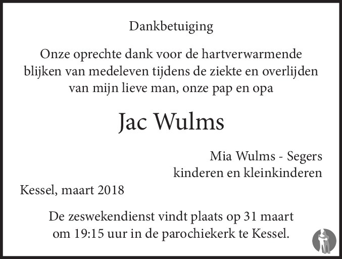 Overlijdensbericht van Jac ("Sjaak van Sjang") Wulms in De Limburger