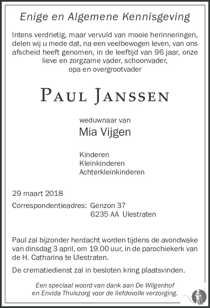 Paul Janssen 29-03-2018 overlijdensbericht en condoleances - Mensenlinq.nl