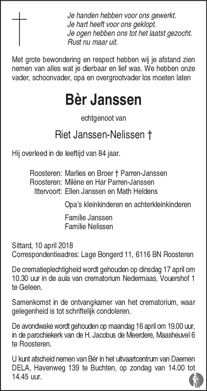 Bèr Janssen 10-04-2018 overlijdensbericht en condoleances - Mensenlinq.nl