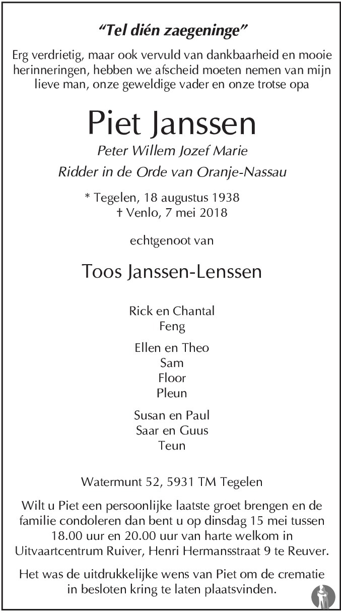 Peter Willem Jozef Marie (Piet) Janssen 07-05-2018 overlijdensbericht ...