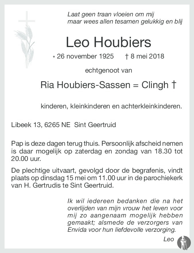 Overlijdensbericht van Leo Houbiers in De Limburger
