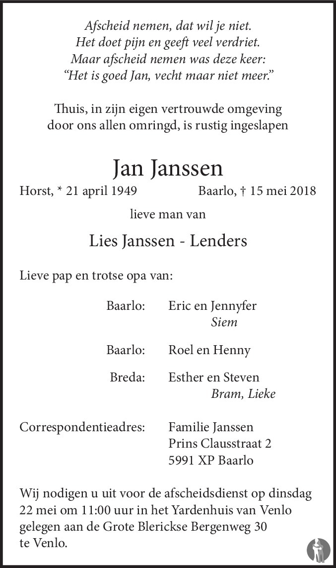 Jan Janssen 15-05-2018 overlijdensbericht en condoleances - Mensenlinq.nl