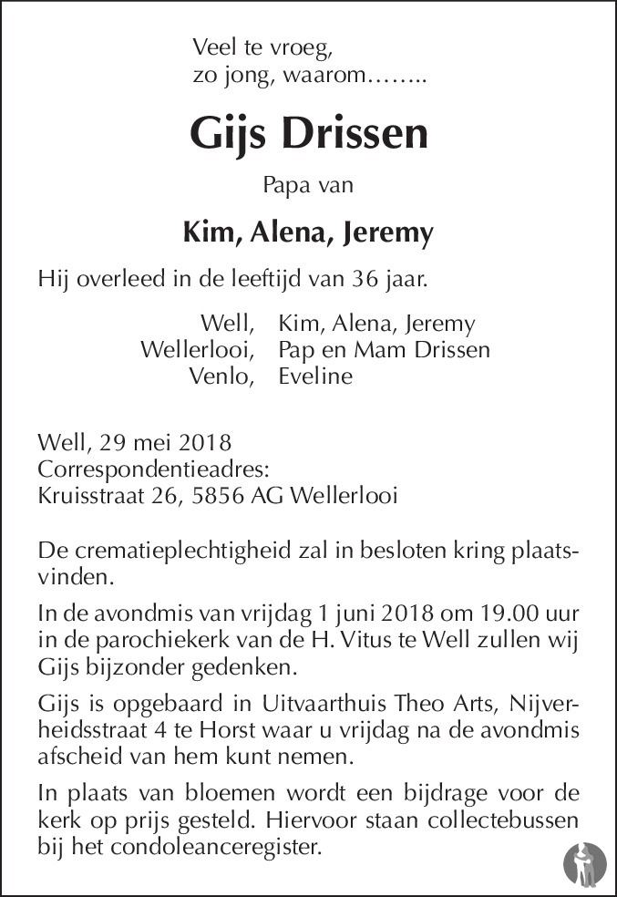 Gijs Drissen 29-05-2018 overlijdensbericht en condoleances Gijs Drissen 29-05-2018 overlijdensbericht en condoleances