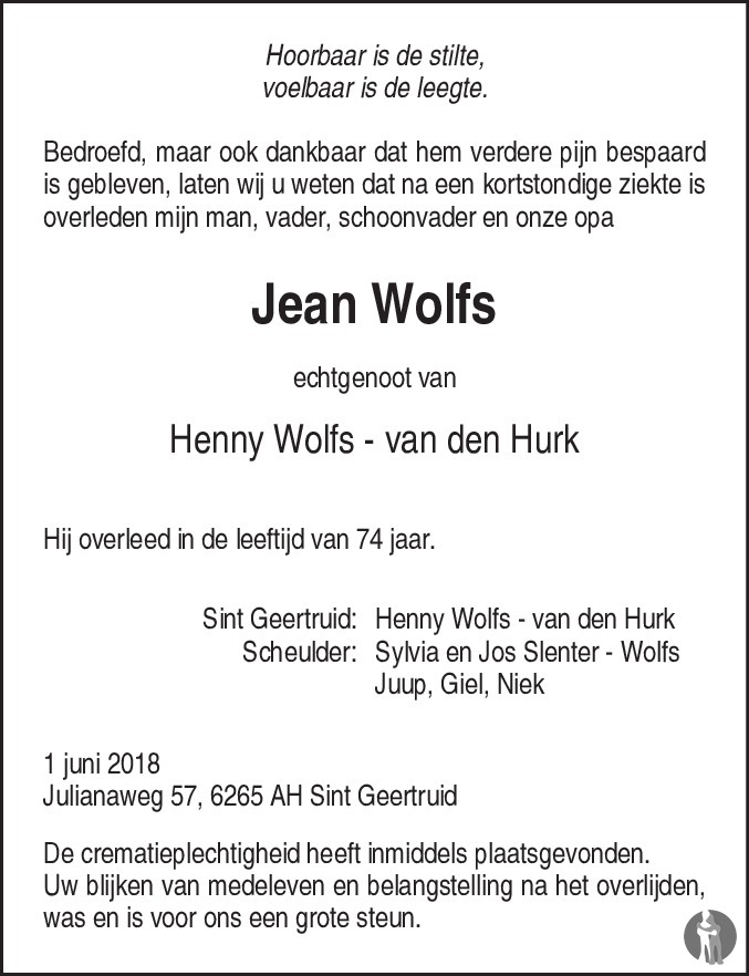 Overlijdensbericht van Jean Wolfs in De Limburger