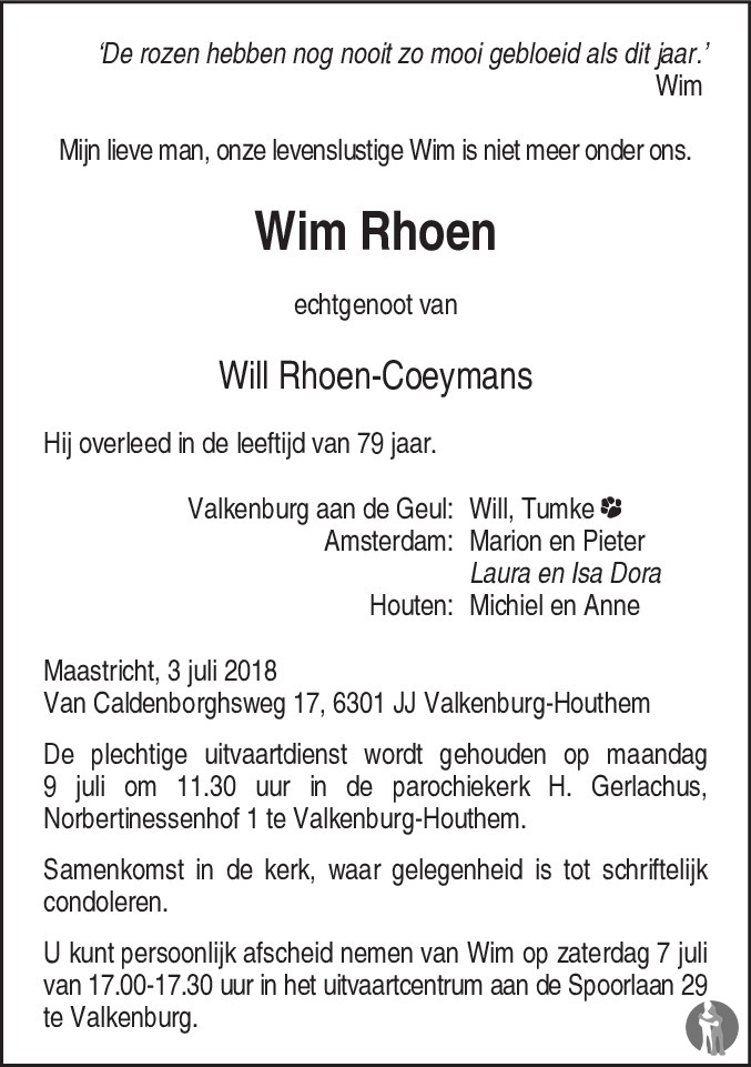 Wim Rhoen 03-07-2018 overlijdensbericht en condoleances - Mensenlinq.nl