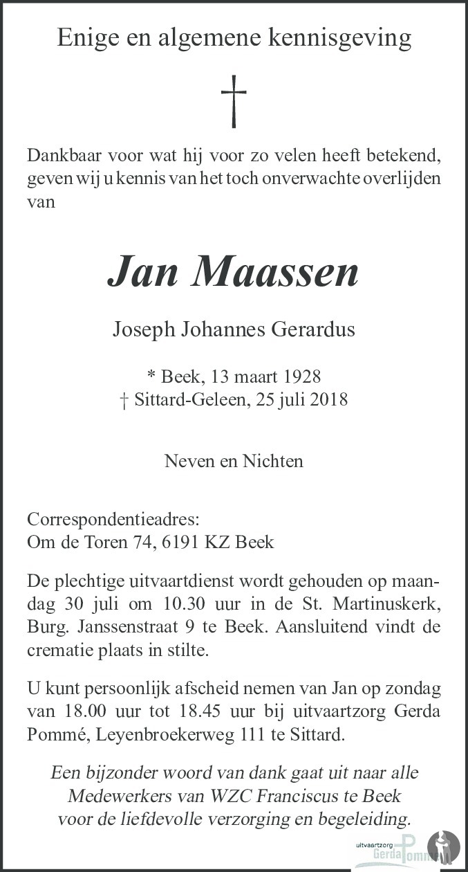 Joseph Johannes Gerardus (Jan) Maassen 25-07-2018 overlijdensbericht en ...