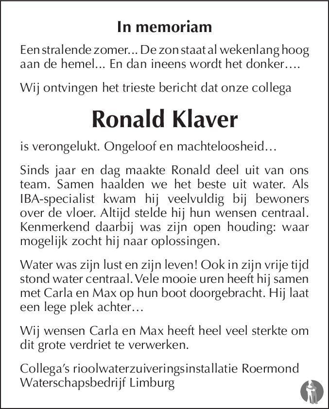 Overlijdensbericht van Ronald Ivo Maria Klaver in De Limburger