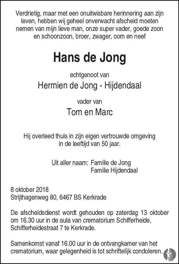 Hans de Jong 08-10-2018 overlijdensbericht en condoleances ...