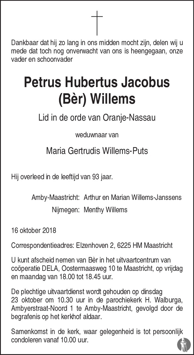 Petrus Hubertus Jacobus (Bèr) Willems 16102018 overlijdensbericht en