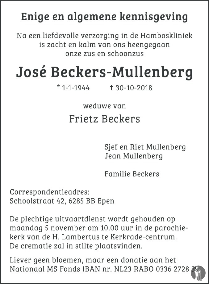 Overlijdensbericht van José Beckers - Mullenberg in De Limburger