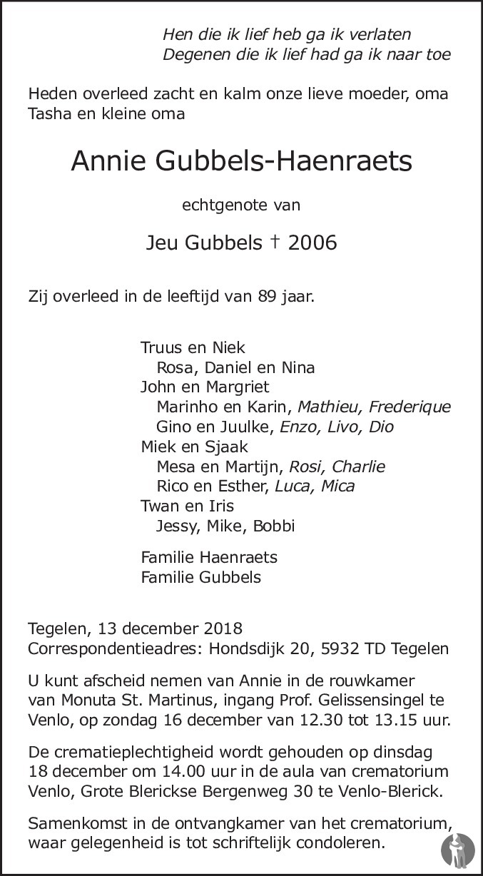Annie Gubbels Haenraets 13122018 overlijdensbericht en condoleances