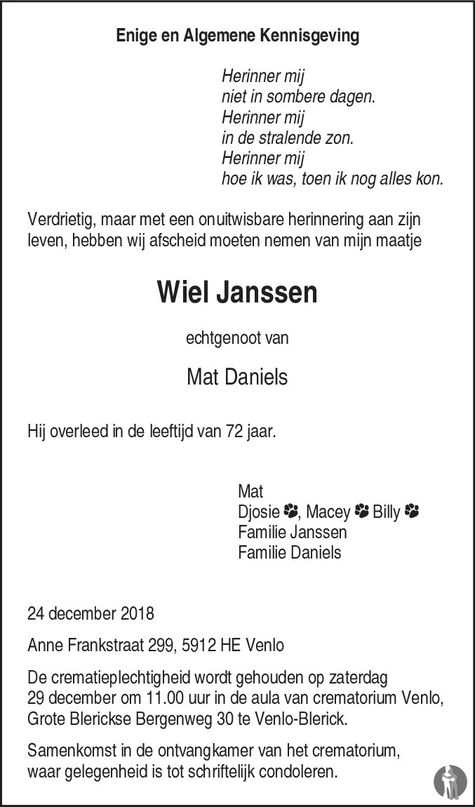 Wiel Janssen 24-12-2018 overlijdensbericht en condoleances - Mensenlinq.nl