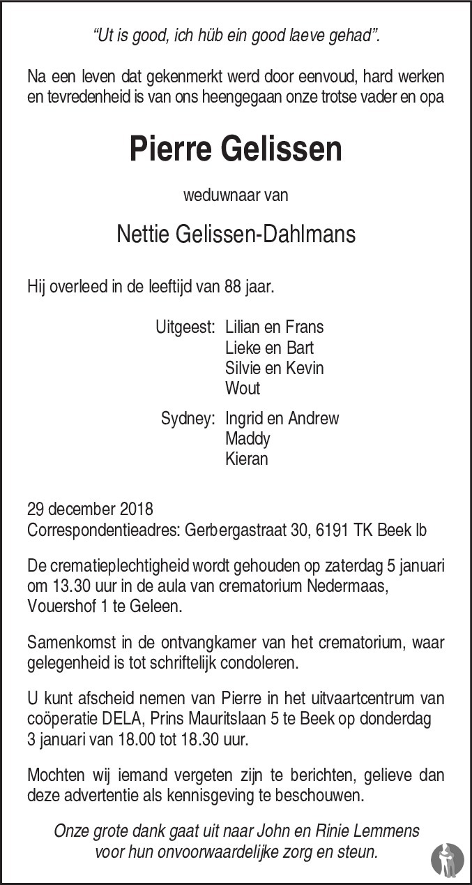Pierre Gelissen 28122018 overlijdensbericht en condoleances
