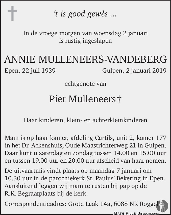 Overlijdensbericht van Annie Mulleneers - Vandeberg in De Limburger