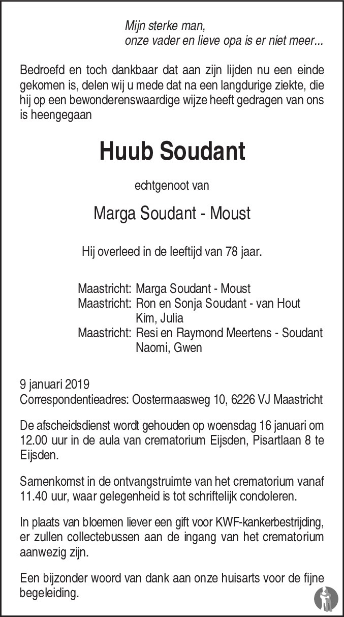 Huub Soudant 09012019 overlijdensbericht en condoleances Mensenlinq.nl