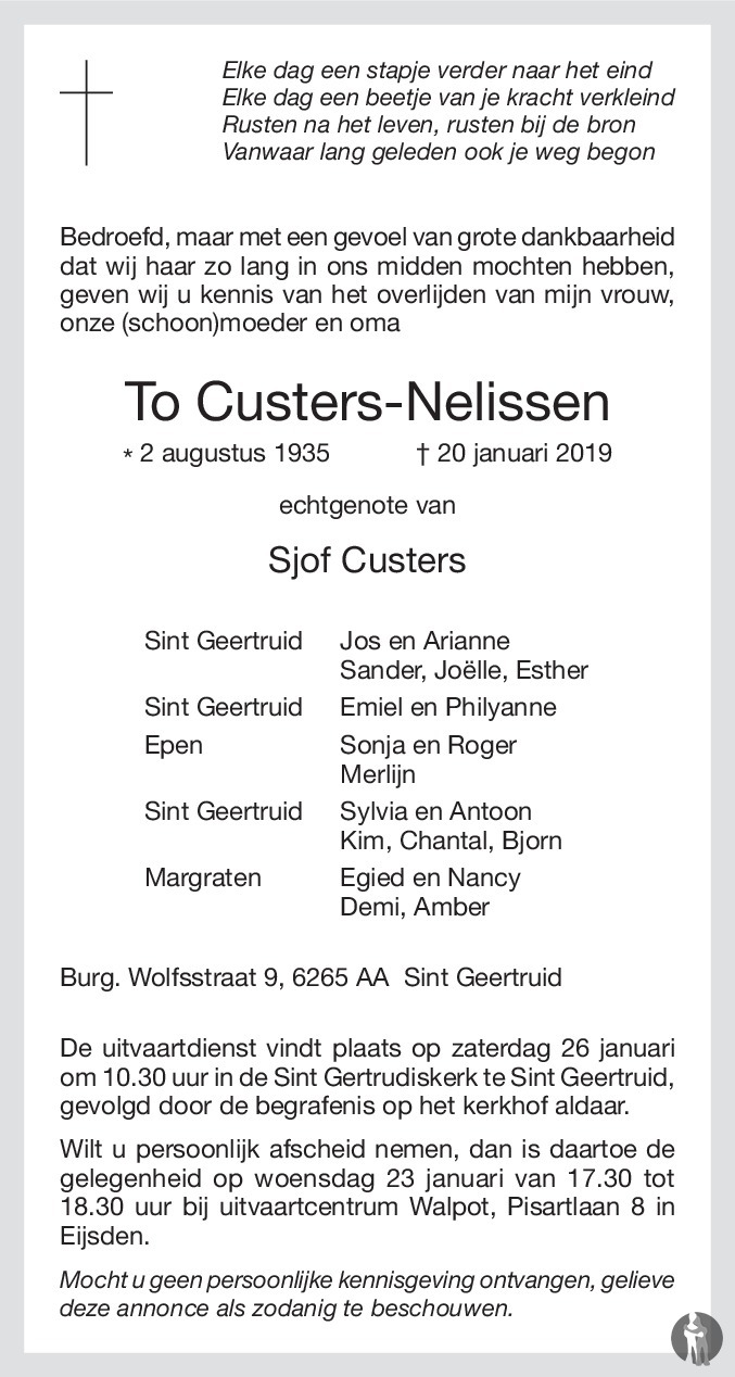 Overlijdensbericht van To Custers - Nelissen in De Limburger