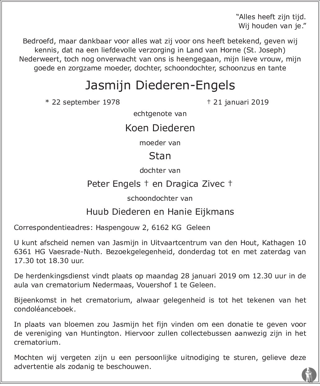 Jasmijn Diederen - Engels 21-01-2019 overlijdensbericht en condoleances ...