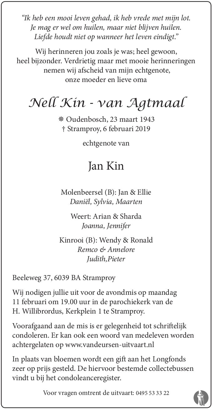 Nell Kin Van Agtmaal 06 02 2019 Overlijdensbericht En Condoleances Mensenlinq Nl