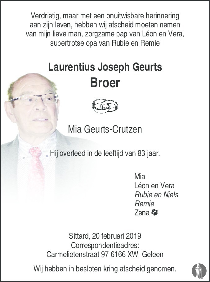 Laurentius Joseph (Broer) Geurts 20022019 overlijdensbericht en