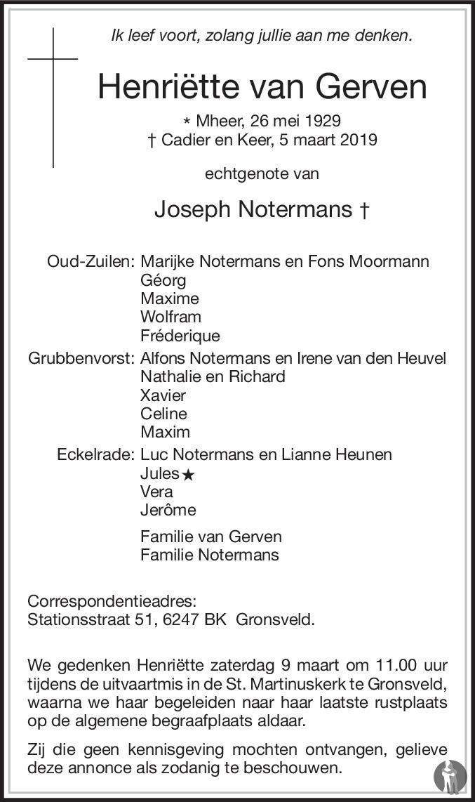 Overlijdensbericht van Henriëtte Notermans - van Gerven in De Limburger