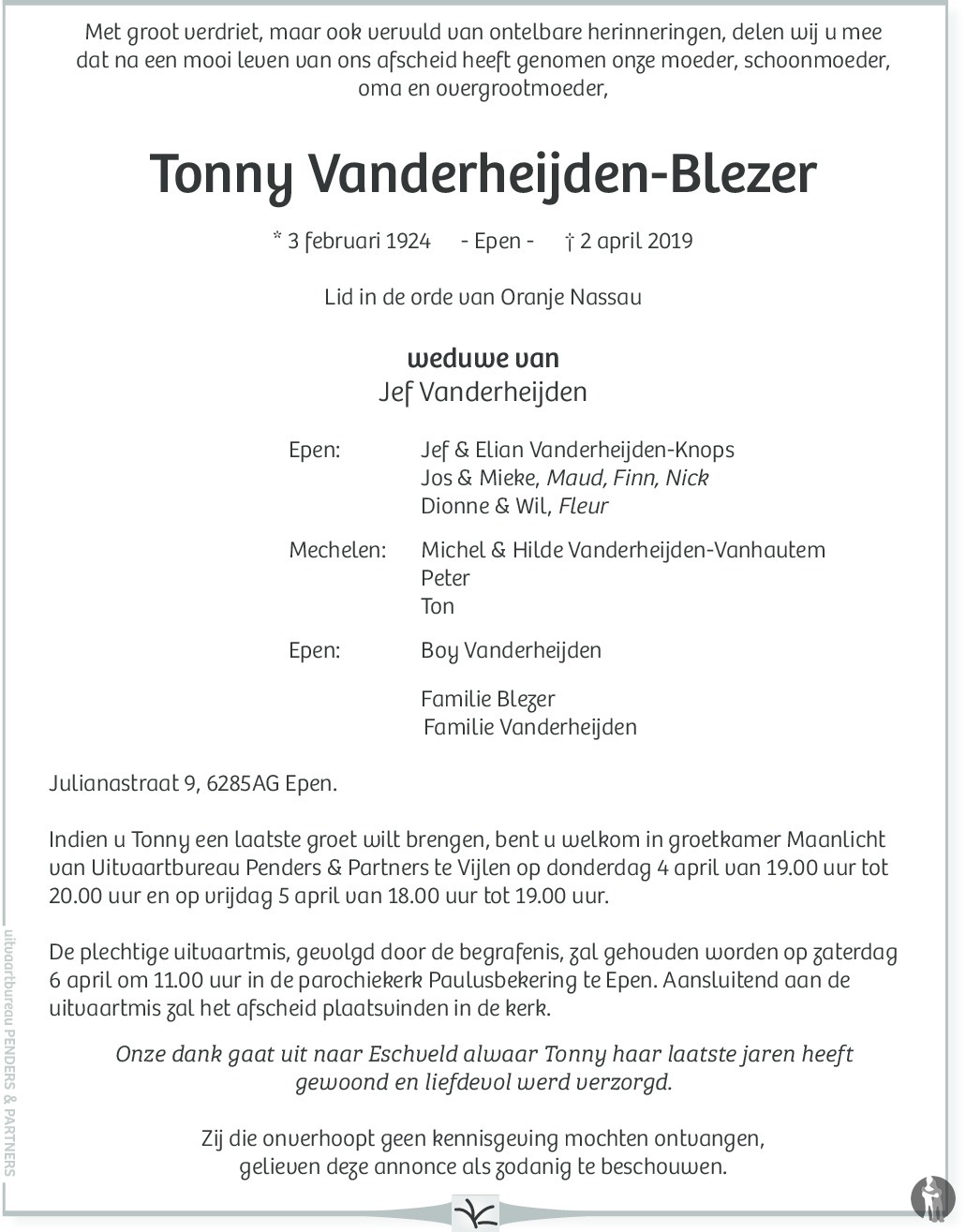 Overlijdensbericht van Tonny Vanderheijden - Blezer in De Limburger