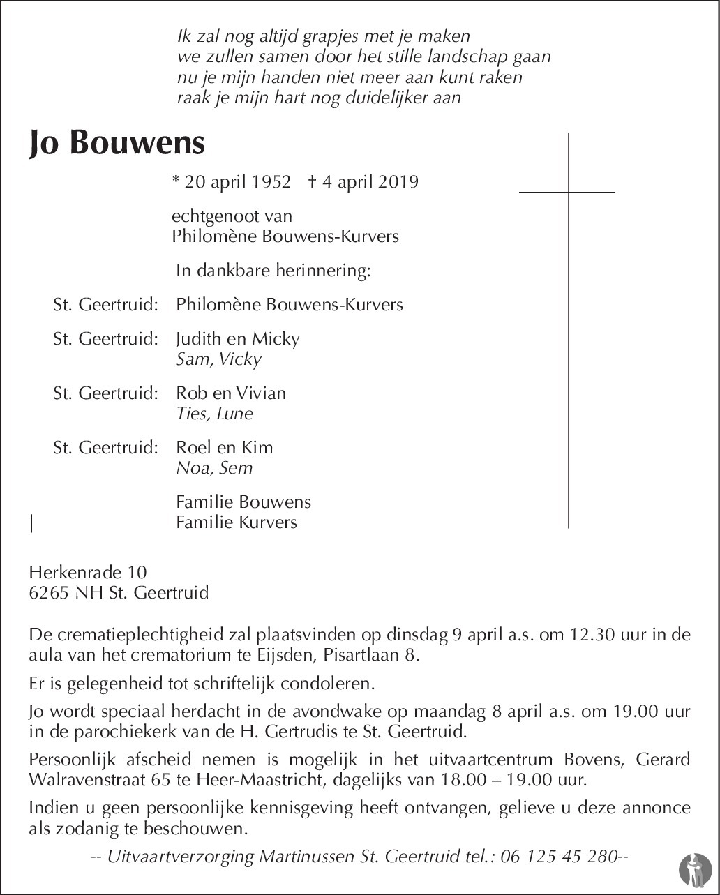 Overlijdensbericht van Jo Bouwens in De Limburger