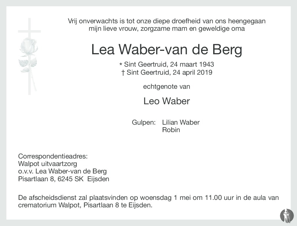 Overlijdensbericht van Lea Waber - van de Berg in De Limburger