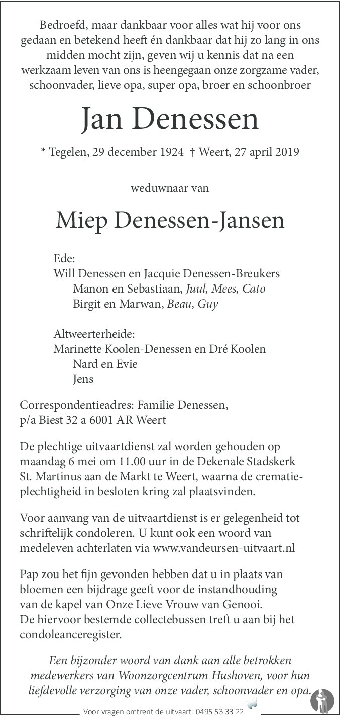 Jan Denessen 27-04-2019 overlijdensbericht en condoleances - Mensenlinq.nl