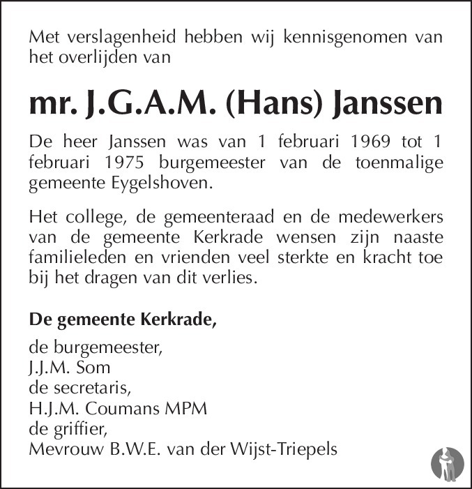 Mr J G A M Hans Janssen 14 05 2019 Overlijdensbericht En Condoleances Mensenlinq Nl