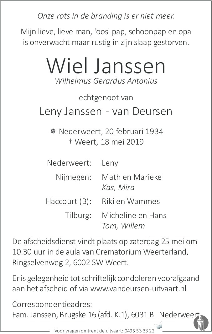 Wilhelmus Gerardus Antonius (Wiel) Janssen 18-05-2019 ...