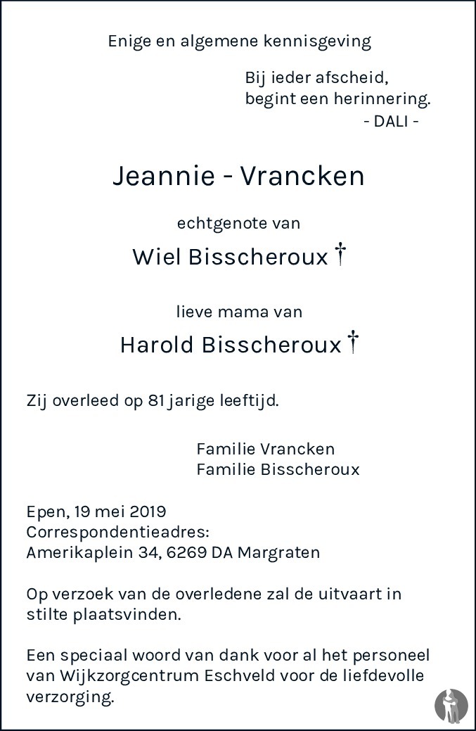 Overlijdensbericht van Jeannie Bisscheroux - Vrancken  in De Limburger