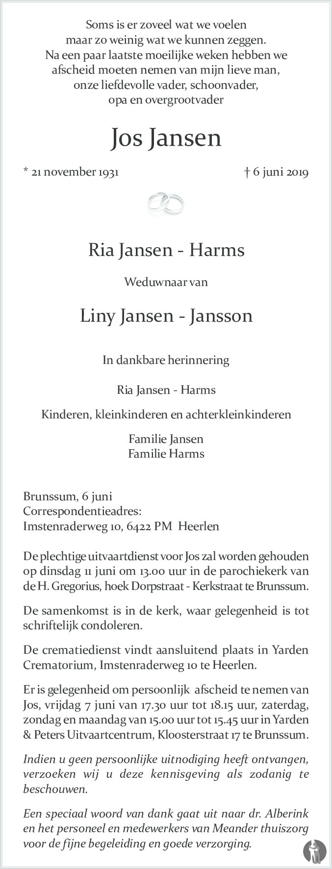 Jos Jansen 06-06-2019 overlijdensbericht en condoleances - Mensenlinq.nl