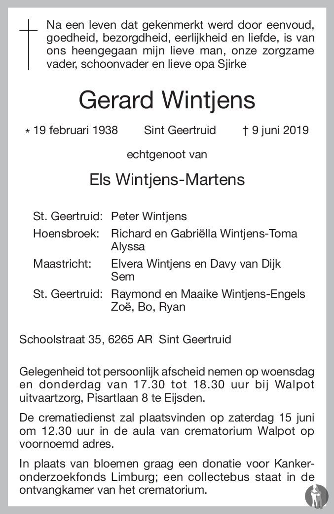 Overlijdensbericht van Gerard Wintjens in De Limburger
