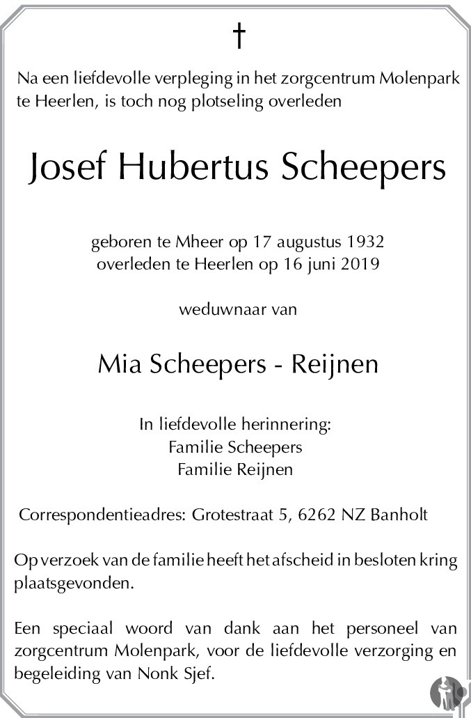 Overlijdensbericht van Josef Hubertus  Scheepers in De Limburger