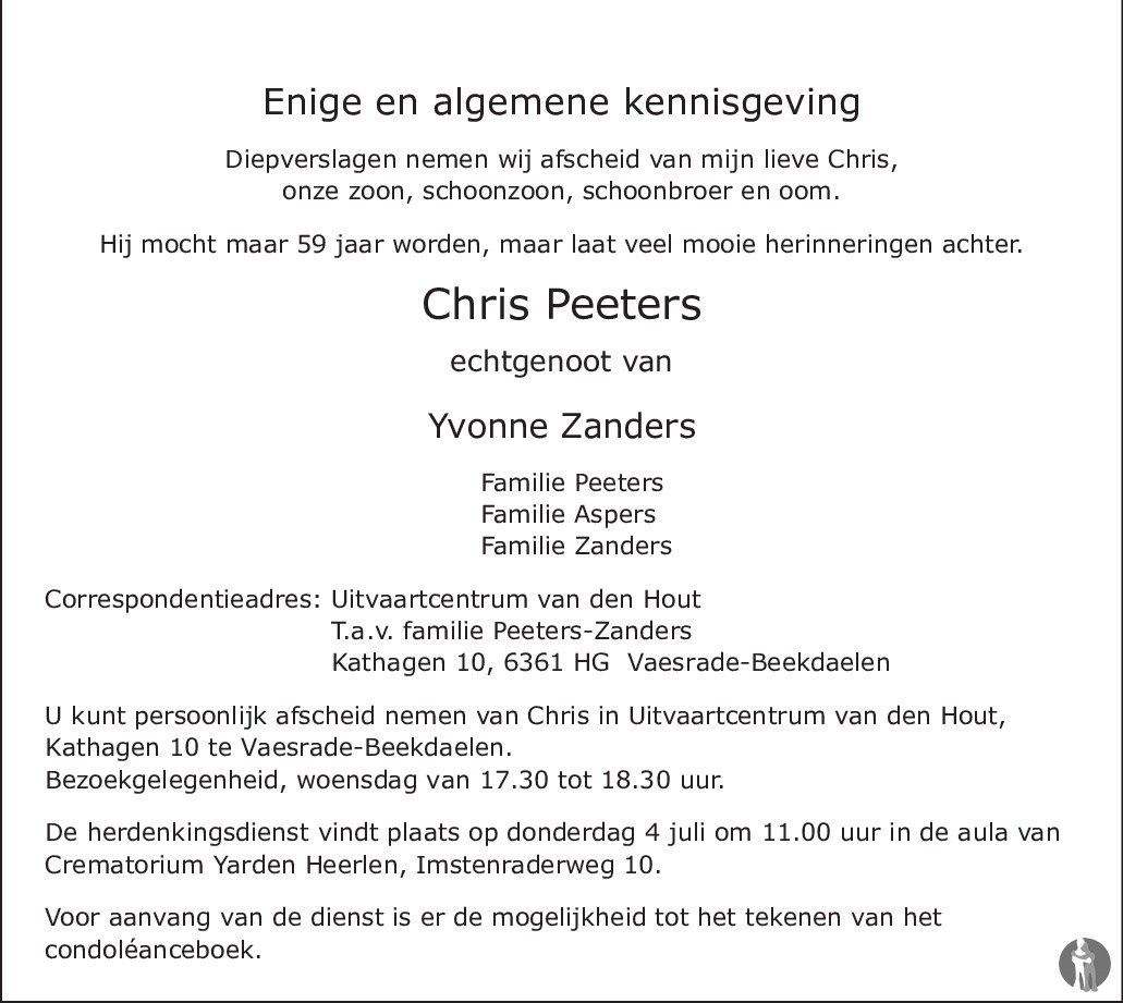 Overlijdensbericht van Chris Peeters in De Limburger