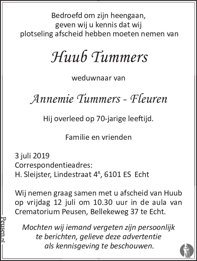 Huub Tummers 03-07-2019 overlijdensbericht en condoleances - Mensenlinq.nl