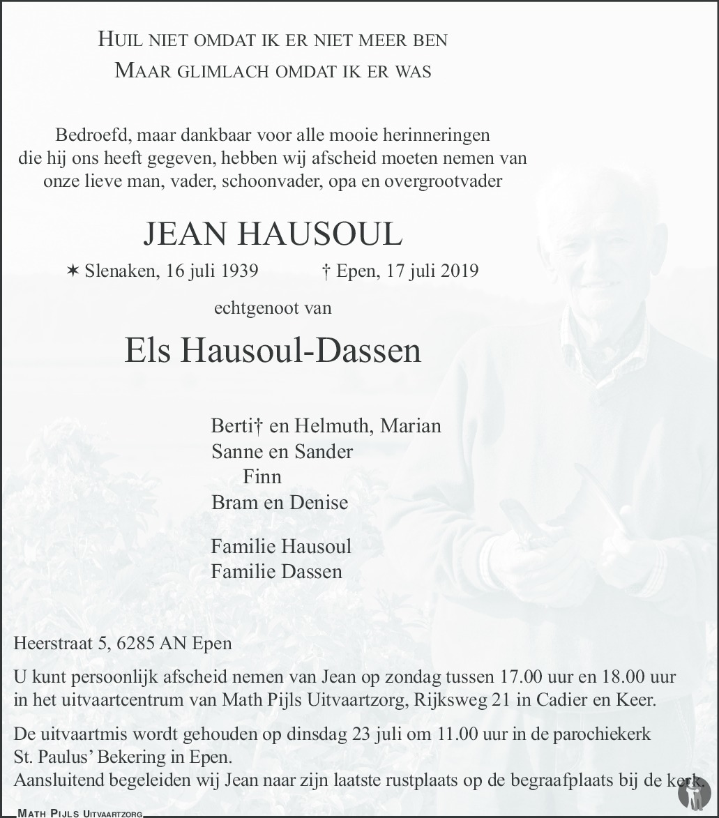 Overlijdensbericht van Jean Hausoul in De Limburger