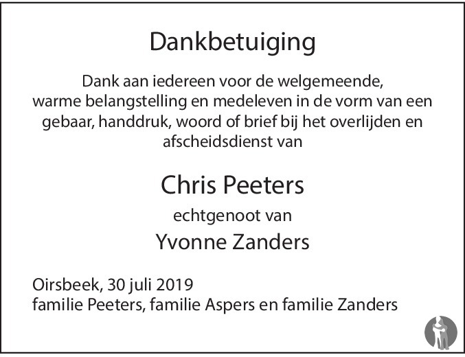 Overlijdensbericht van Chris  Peeters in De Limburger